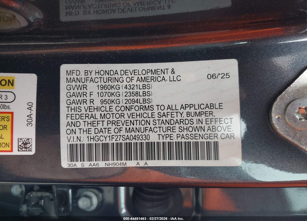 2025 HONDA ACCORD LX VIN: 1HGCY1F27SA049330