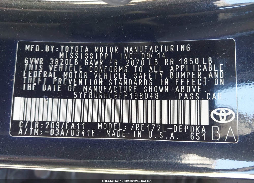 2015 TOYOTA COROLLA L VIN: 5YFBURHE6FP198048