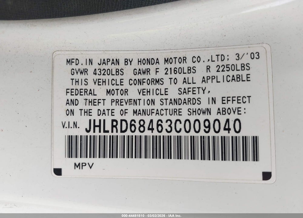 2003 HONDA CR-V LX VIN: JHLRD68463C009040