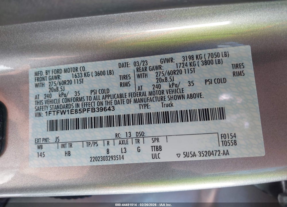 2023 FORD F-150 LARIAT VIN: 1FTFW1E85PFB39643