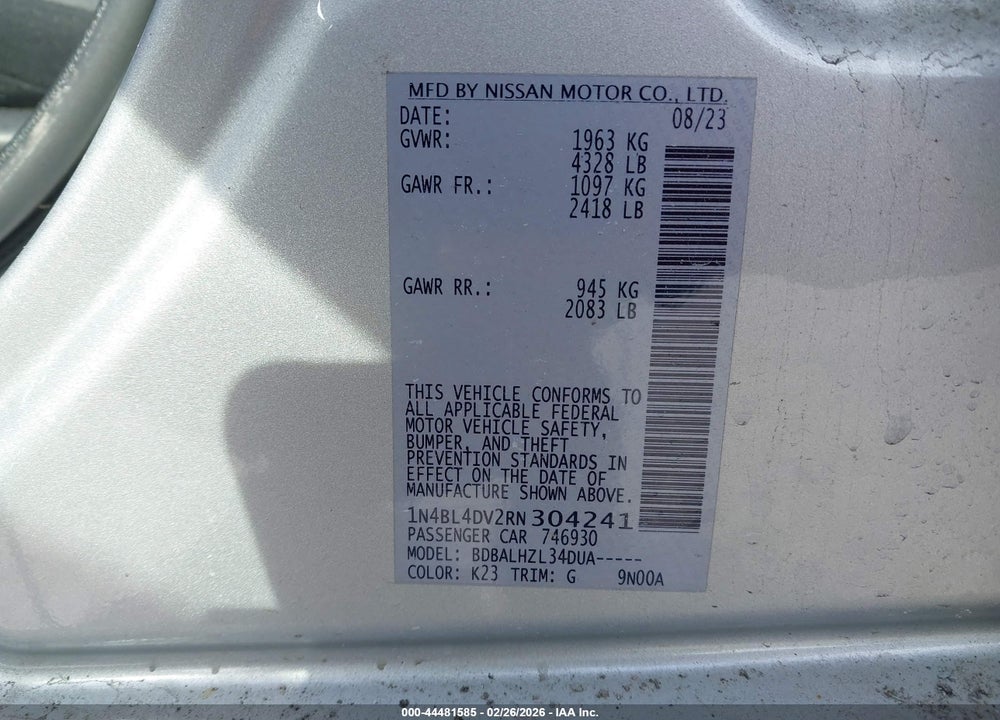 2024 NISSAN ALTIMA SV FWD VIN: 1N4BL4DV2RN304241