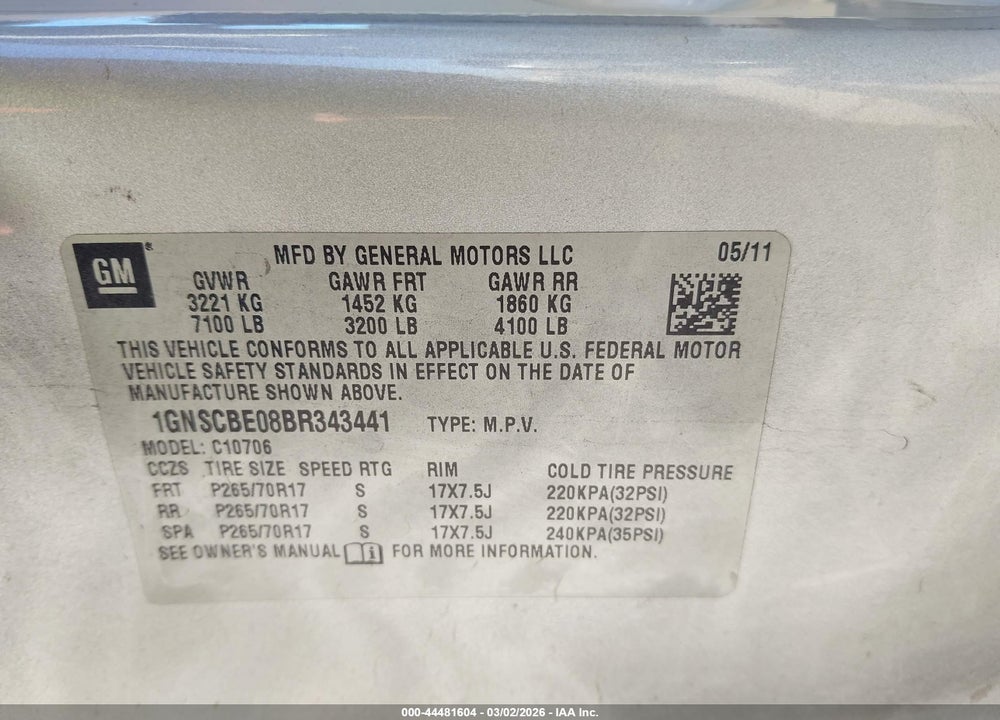 2011 CHEVROLET TAHOE LT VIN: 1GNSCBE08BR343441