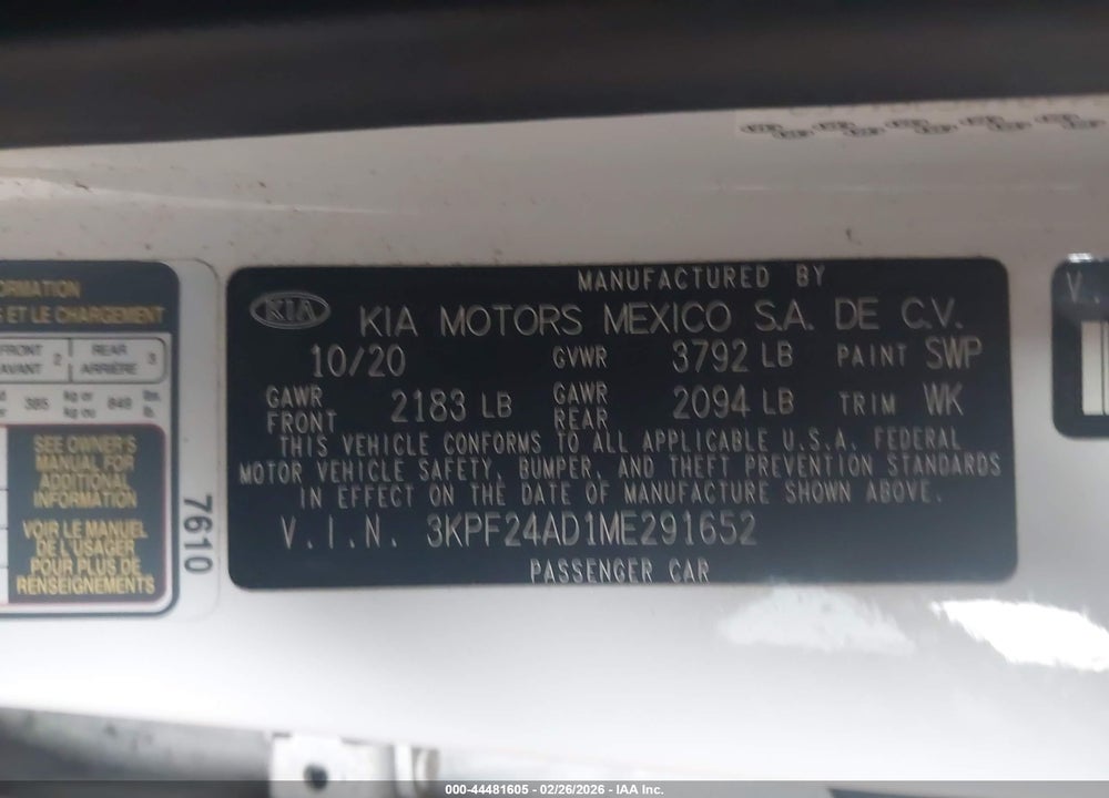 2021 KIA FORTE LXS VIN: 3KPF24AD1ME291652
