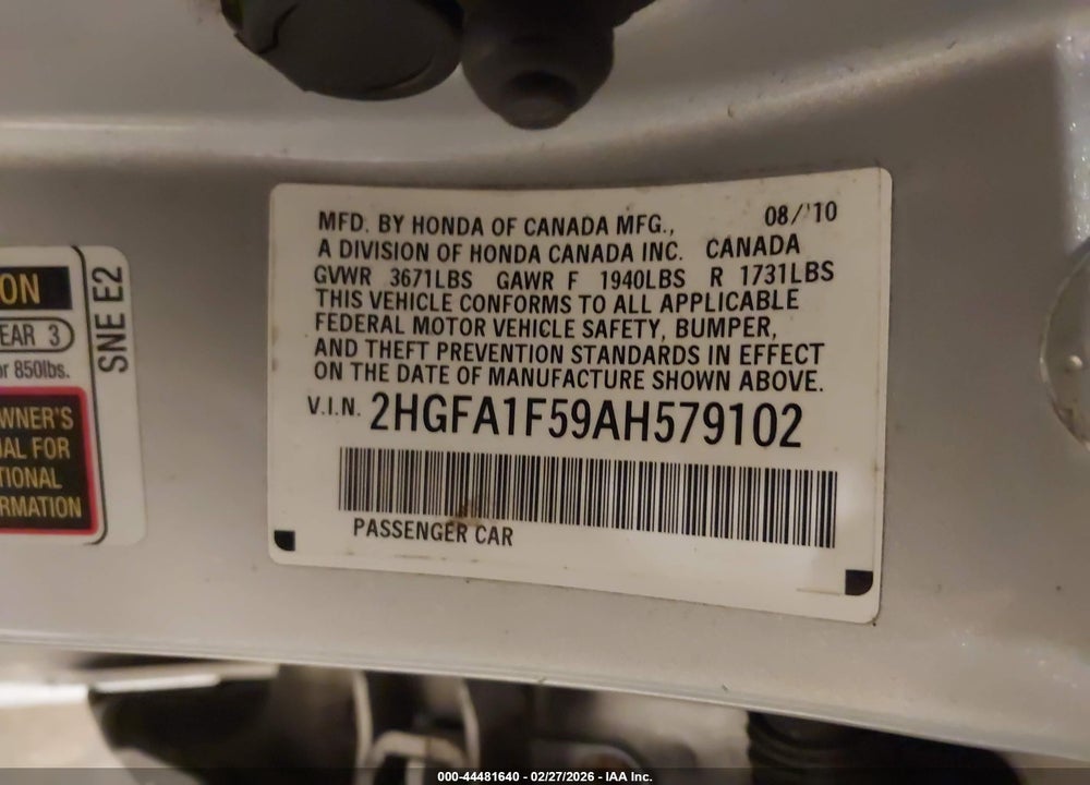 2010 HONDA CIVIC LX VIN: 2HGFA1F59AH579102