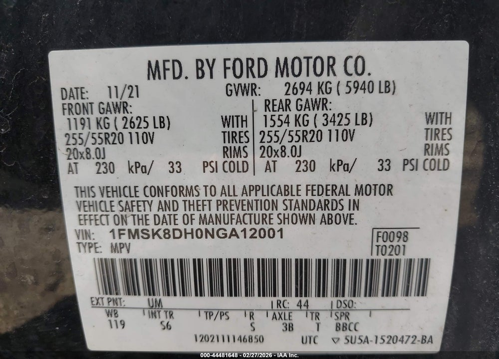 2022 FORD EXPLORER XLT VIN: 1FMSK8DH0NGA12001