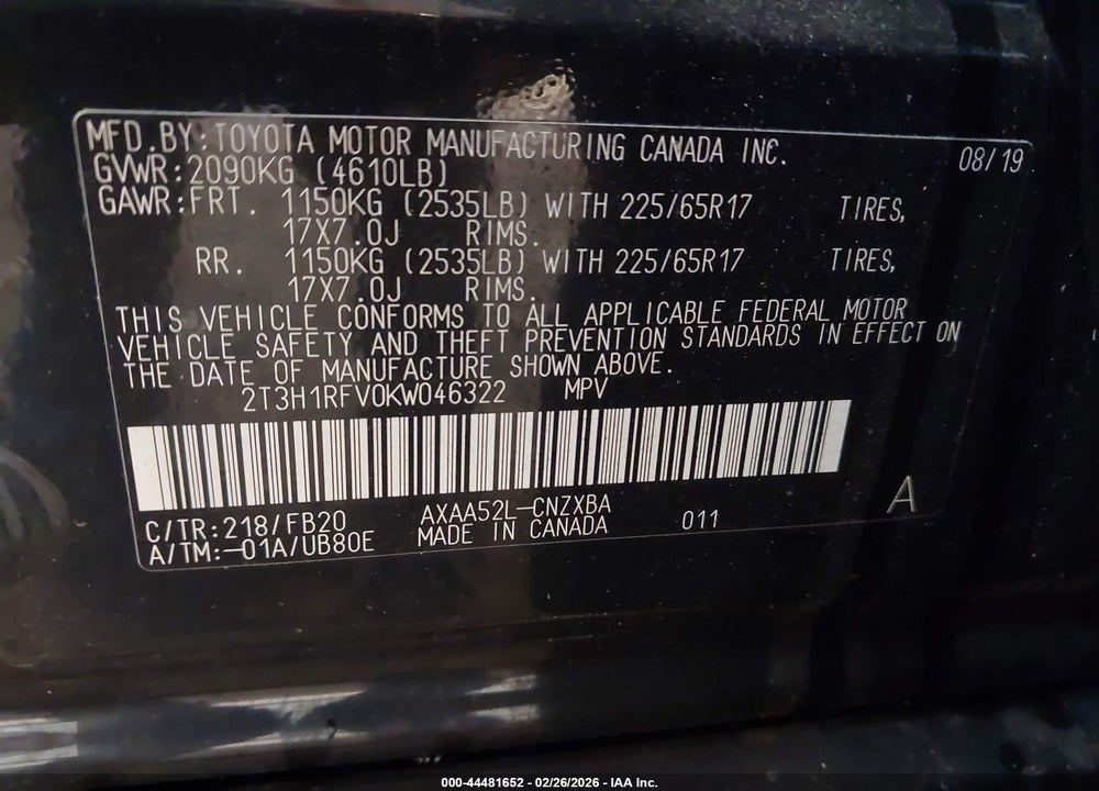 2019 TOYOTA RAV4 LE VIN: 2T3H1RFV0KW046322