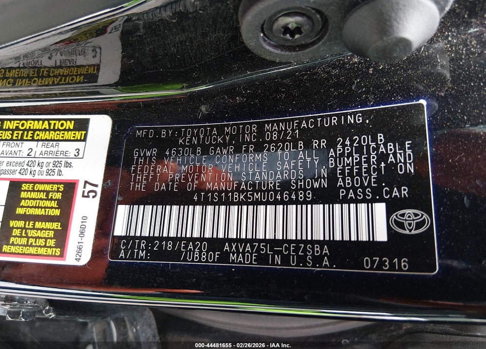 2021 TOYOTA CAMRY SE AWD VIN: 4T1S11BK5MU046489