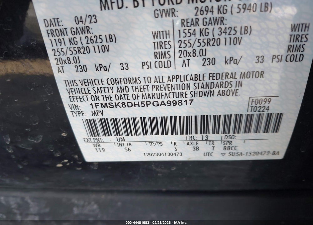 2023 FORD EXPLORER XLT VIN: 1FMSK8DH5PGA99817