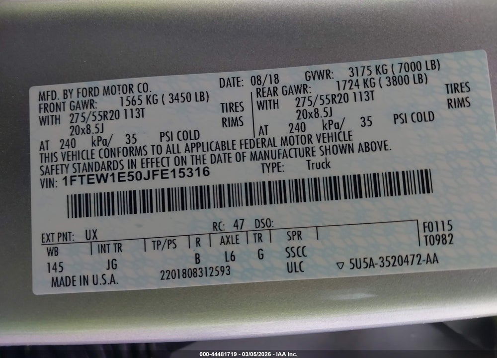2018 FORD F-150 XL VIN: 1FTEW1E50JFE15316