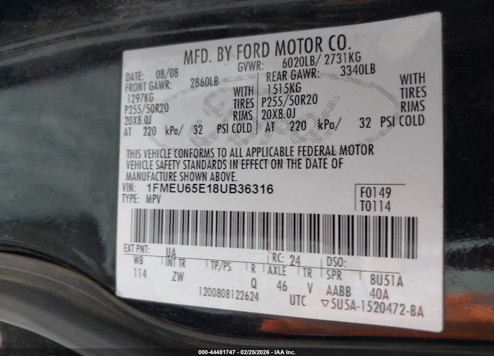 2008 FORD EXPLORER LIMITED VIN: 1FMEU65E18UB36316