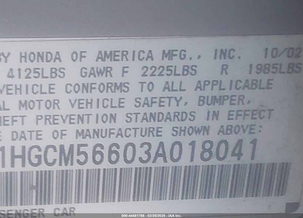2003 HONDA ACCORD 2.4 EX VIN: 1HGCM56603A018041