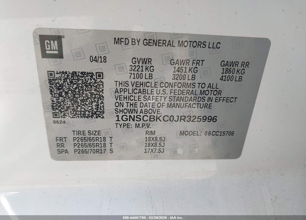 2018 CHEVROLET TAHOE LT VIN: 1GNSCBKC0JR325996