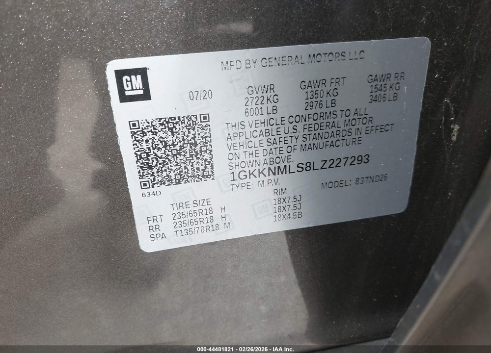 2020 GMC ACADIA FWD SLT VIN: 1GKKNMLS8LZ227293