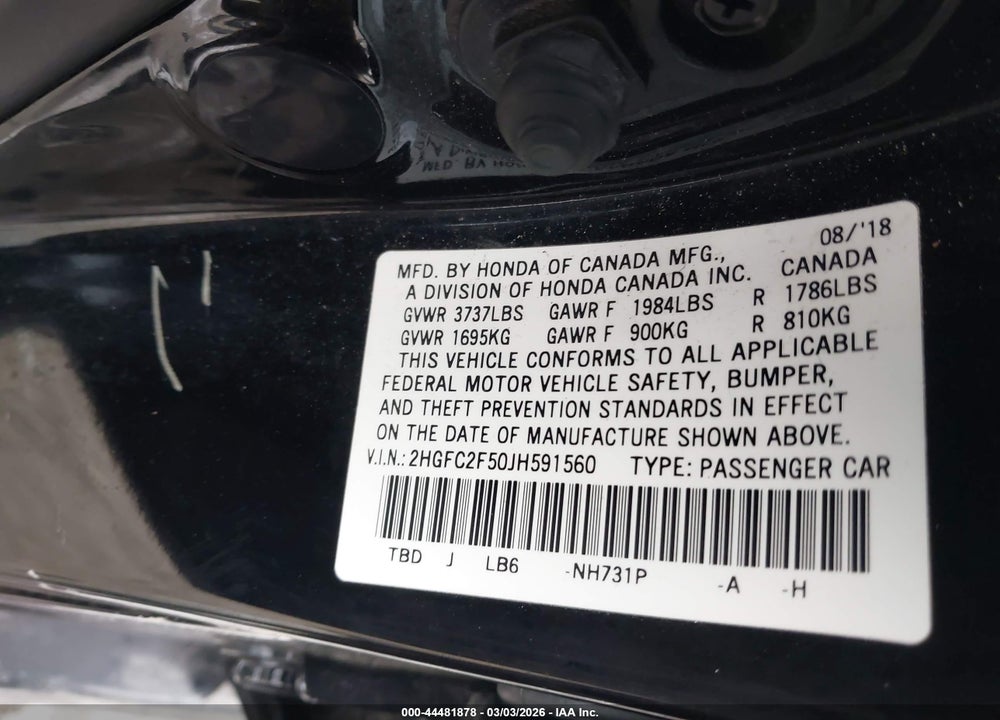 2018 HONDA CIVIC LX VIN: 2HGFC2F50JH591560