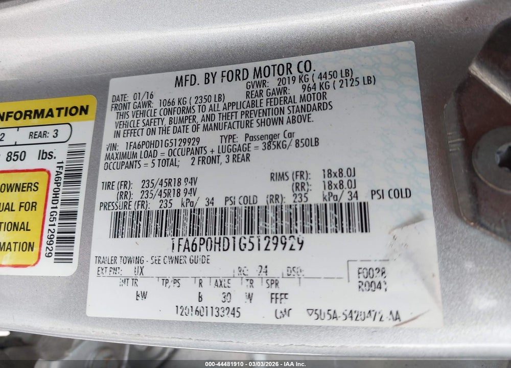 2016 FORD FUSION SE VIN: 1FA6P0HD1G5129929