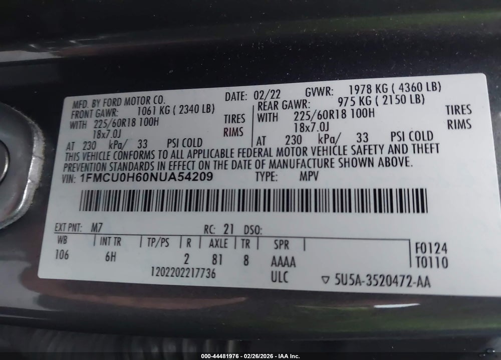 2022 FORD ESCAPE SEL VIN: 1FMCU0H60NUA54209