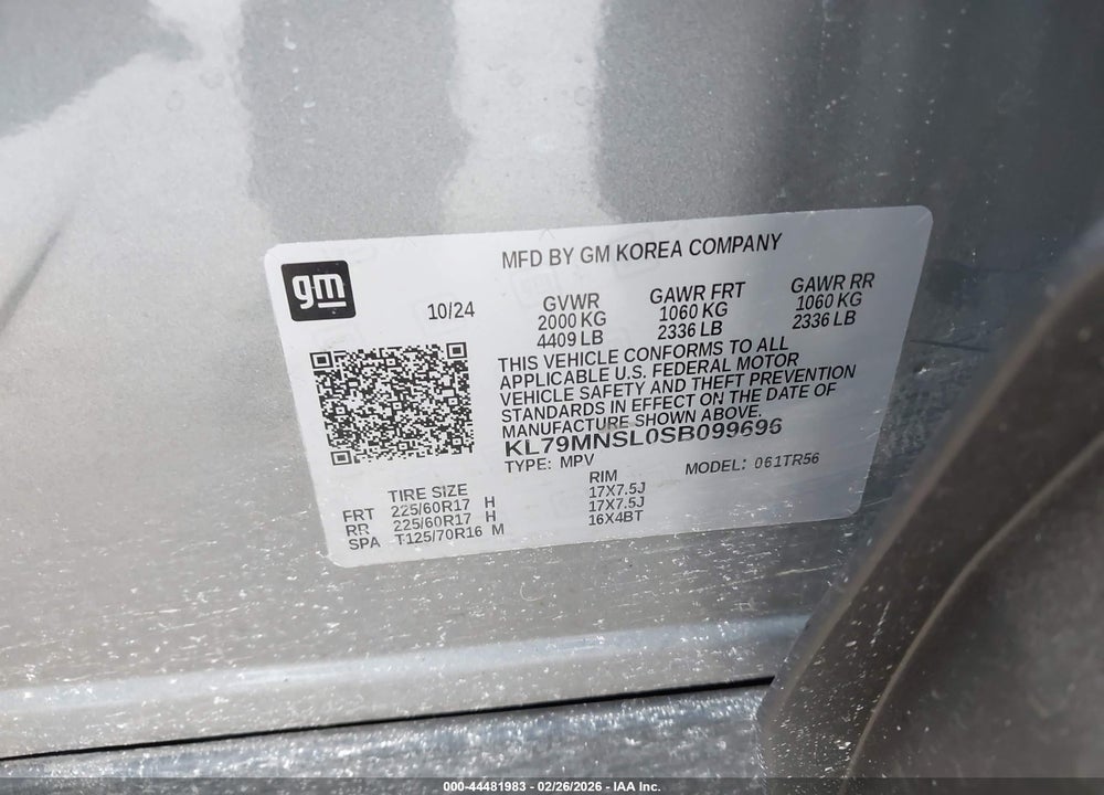 2025 CHEVROLET TRAILBLAZER AWD LS VIN: KL79MNSL0SB099696