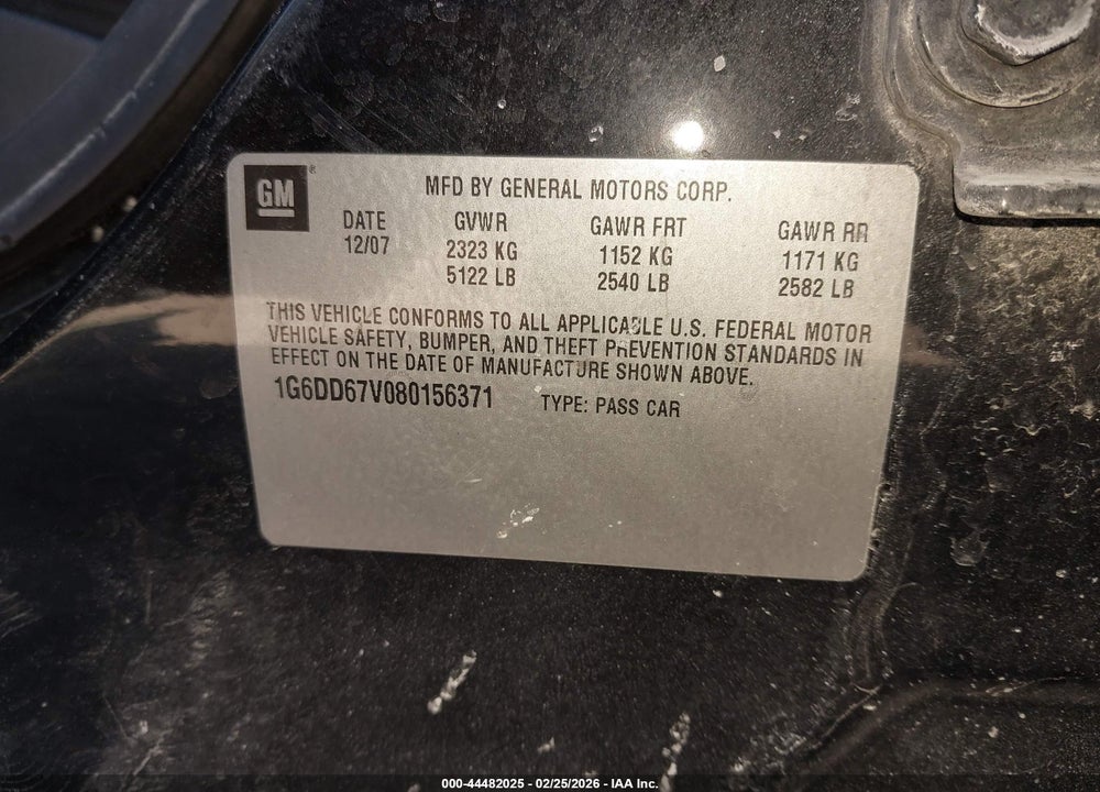 2008 CADILLAC STS VIN: 1G6DD67V080156371