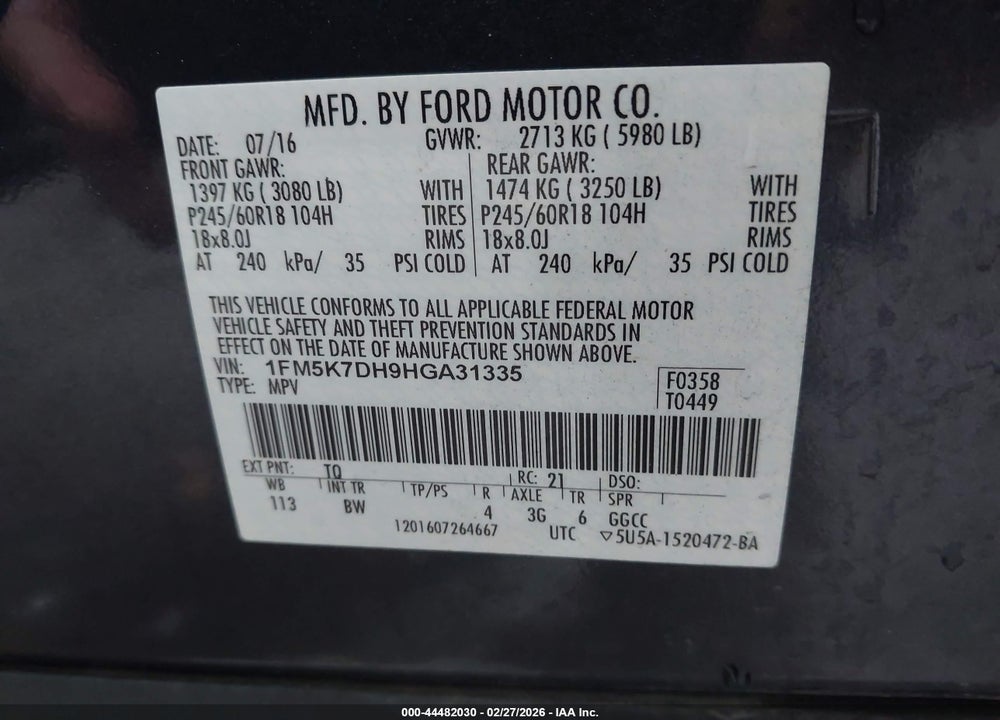 2017 FORD EXPLORER XLT VIN: 1FM5K7DH9HGA31335