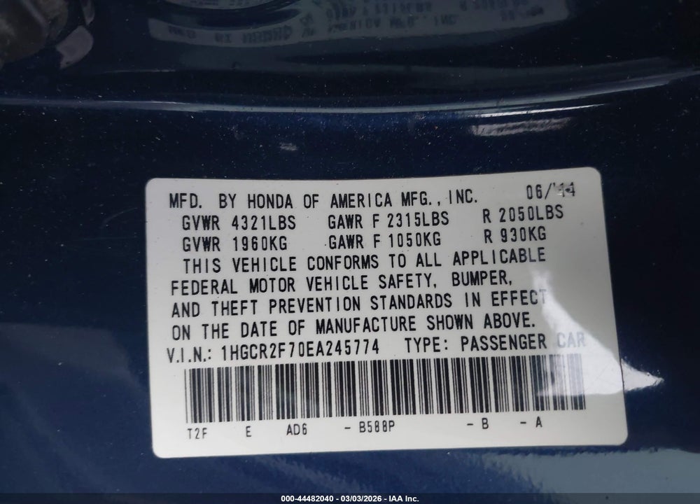 2014 HONDA ACCORD EX VIN: 1HGCR2F70EA245774