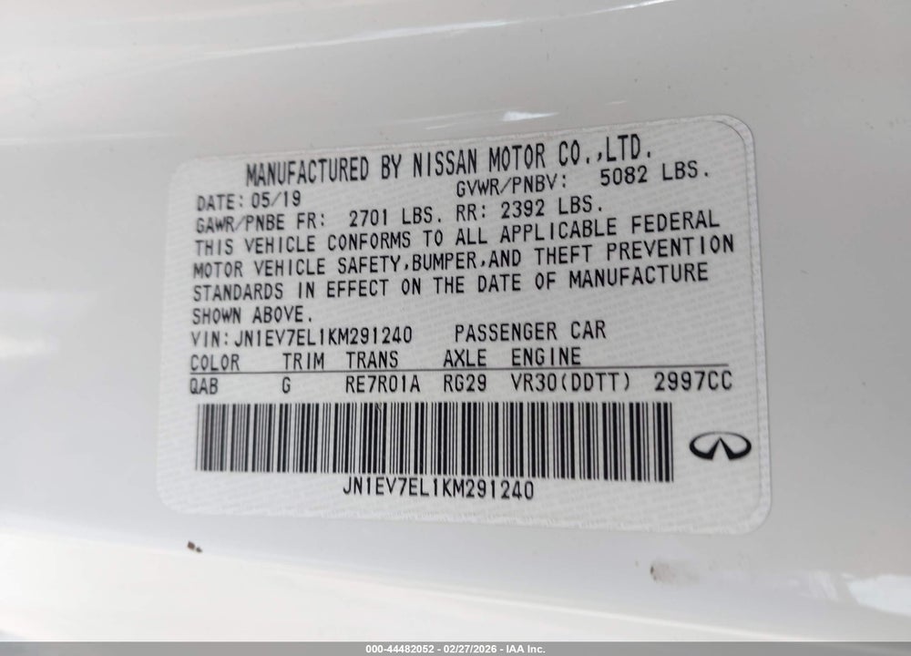 2019 INFINITI Q60 3.0T LUXE VIN: JN1EV7EL1KM291240