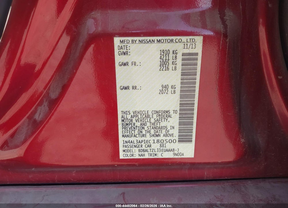 2014 NISSAN ALTIMA 2.5 SV VIN: 1N4AL3AP1EC180500