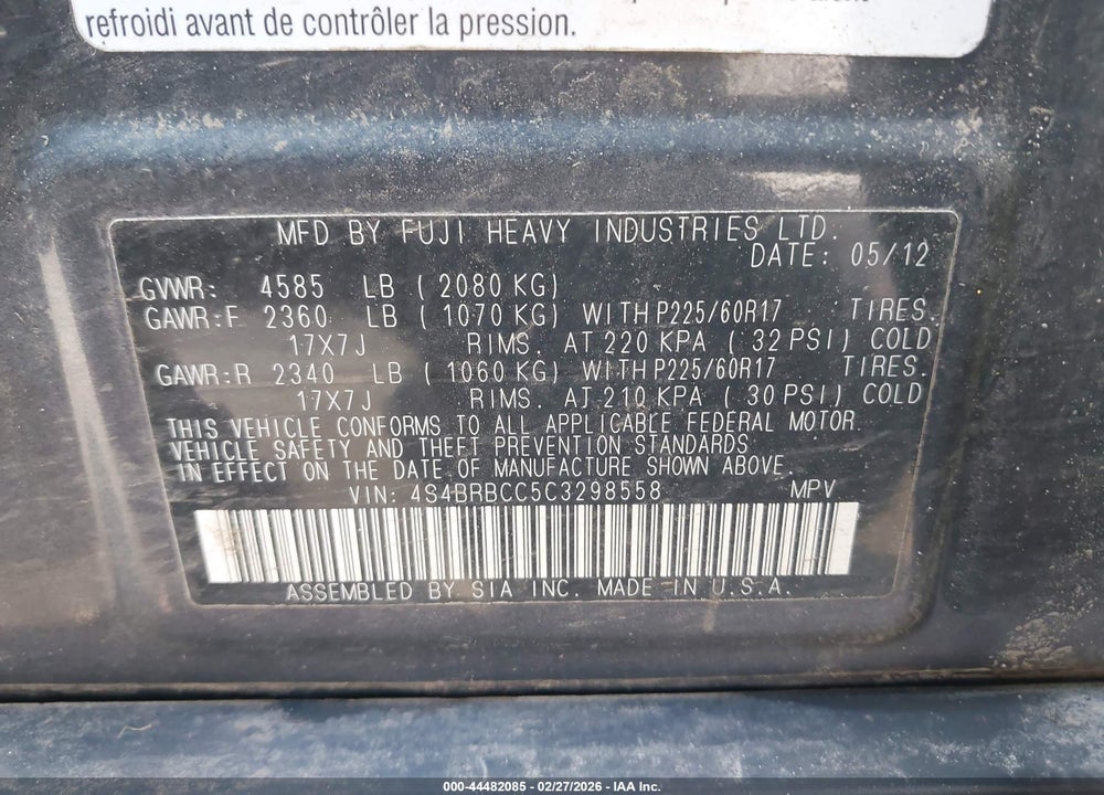 2012 SUBARU OUTBACK 2.5I PREMIUM VIN: 4S4BRBCC5C3298558