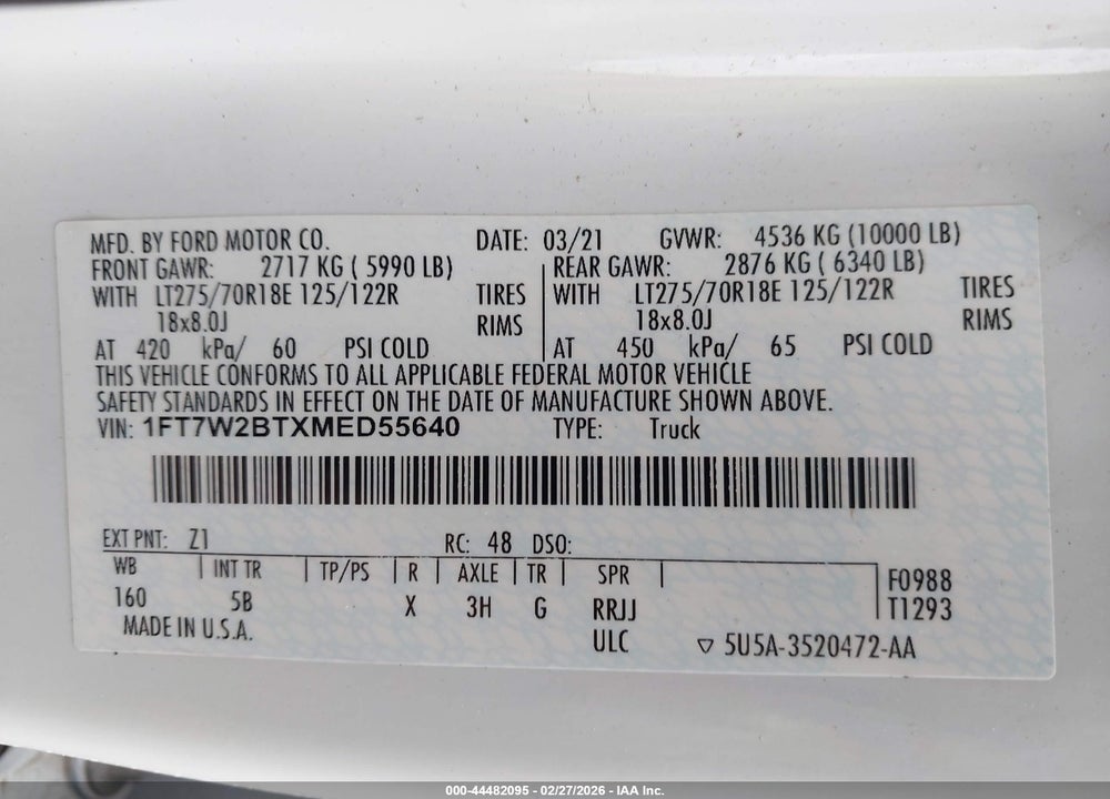 2021 FORD F-250 LARIAT VIN: 1FT7W2BTXMED55640