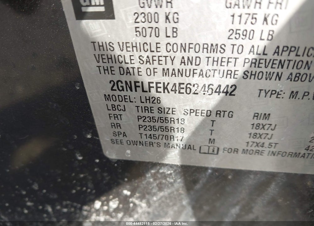 2014 CHEVROLET EQUINOX 1LT VIN: 2GNFLFEK4E6246442