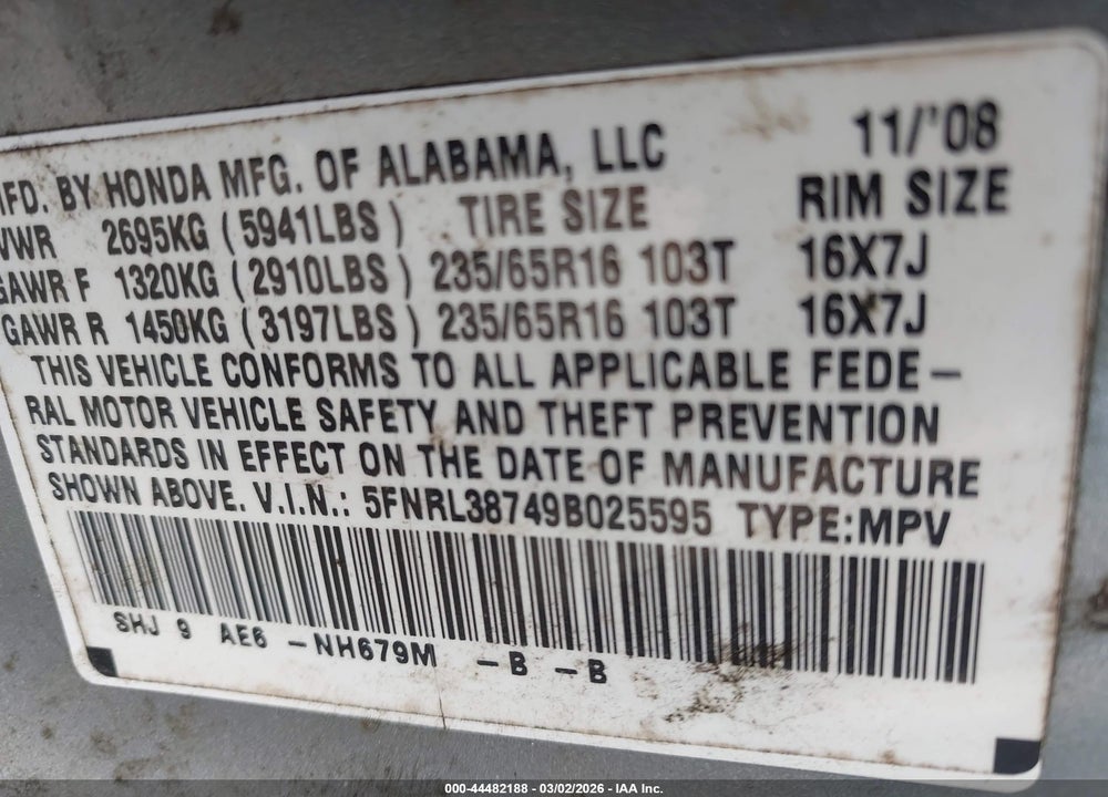 2009 HONDA ODYSSEY EX-L VIN: 5FNRL38749B025595