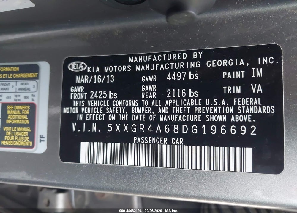 2013 KIA OPTIMA SX VIN: 5XXGR4A68DG196692