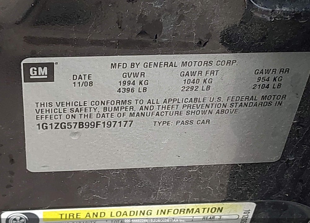 2009 CHEVROLET MALIBU LS VIN: 1G1ZG57B99F197177