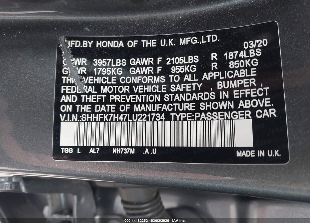 2020 HONDA CIVIC SPORT VIN: SHHFK7H47LU221734