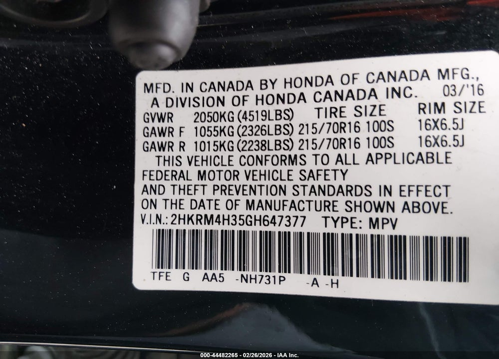2016 HONDA CR-V LX VIN: 2HKRM4H35GH647377