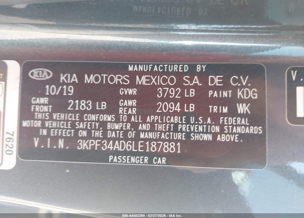 2020 KIA FORTE GT-LINE VIN: 3KPF34AD6LE187881