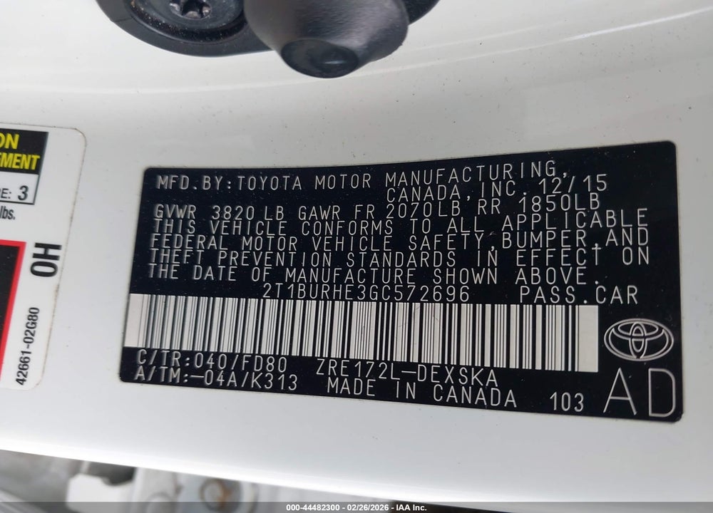 2016 TOYOTA COROLLA S PLUS VIN: 2T1BURHE3GC572696
