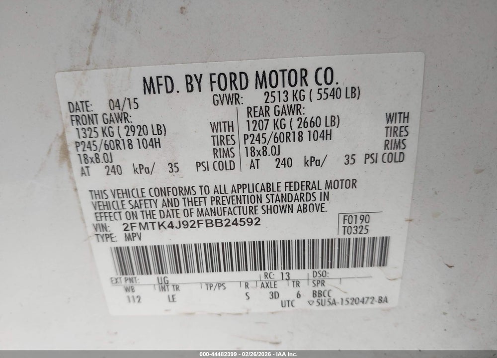 2015 FORD EDGE SEL VIN: 2FMTK4J92FBB24592