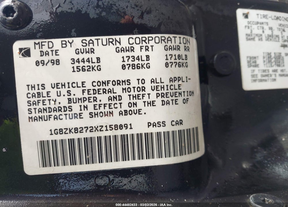 1999 SATURN SW2 VIN: 1G8ZK8272XZ158091