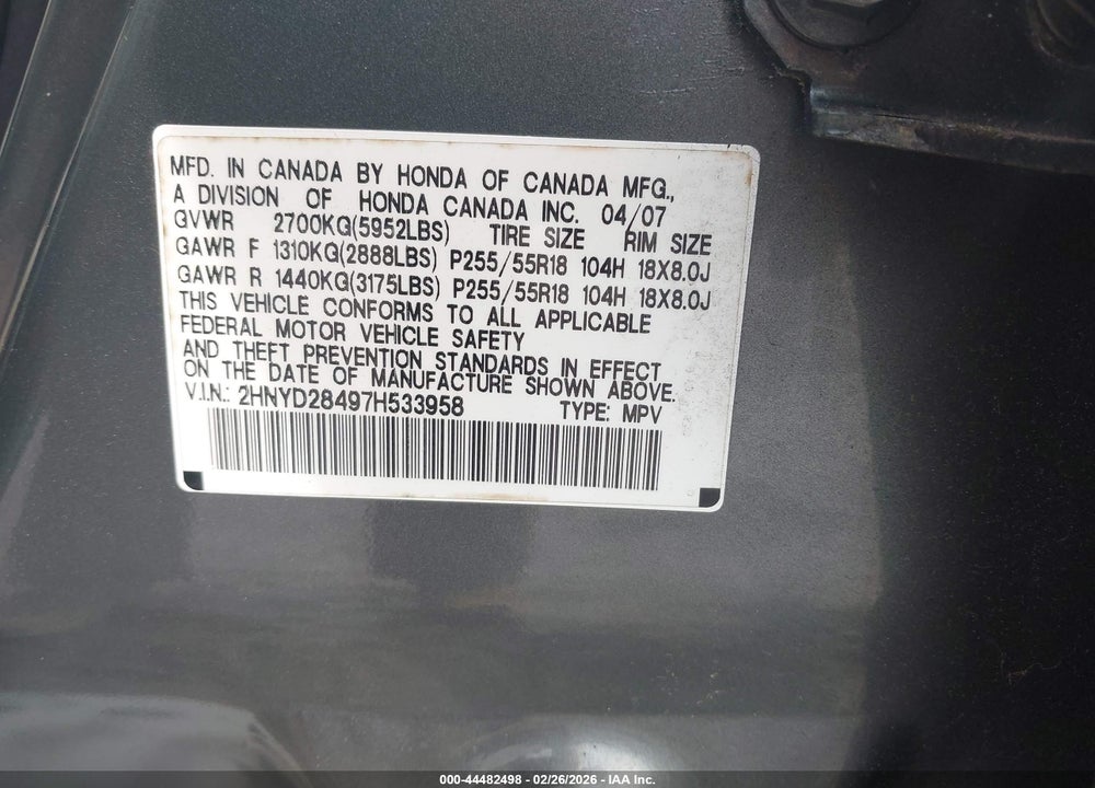 2007 ACURA MDX TECHNOLOGY PACKAGE VIN: 2HNYD28497H533958