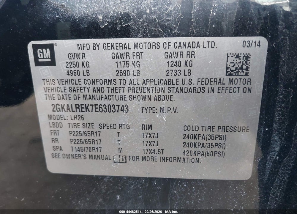 2014 GMC TERRAIN SLE-2 VIN: 2GKALREK7E6303743