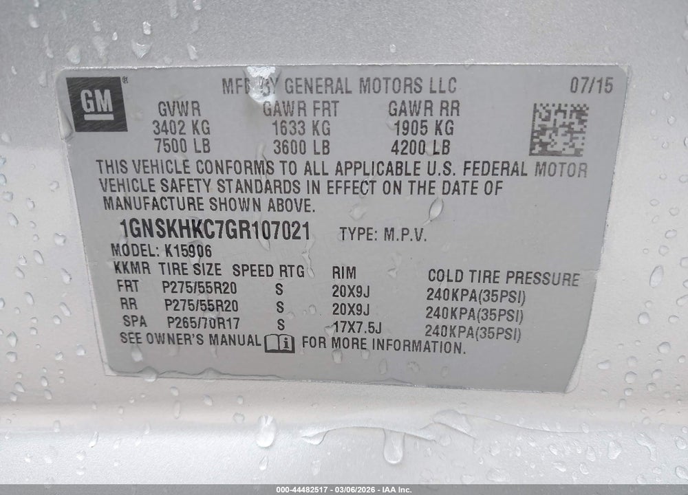2016 CHEVROLET SUBURBAN LT VIN: 1GNSKHKC7GR107021
