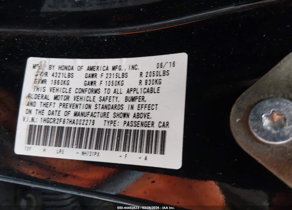 2017 HONDA ACCORD EX-L VIN: 1HGCR2F87HA002279