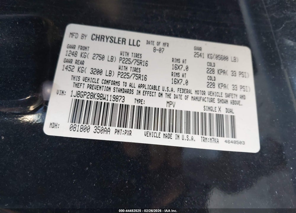 2008 JEEP LIBERTY SPORT VIN: 1J8GP28K98W119873