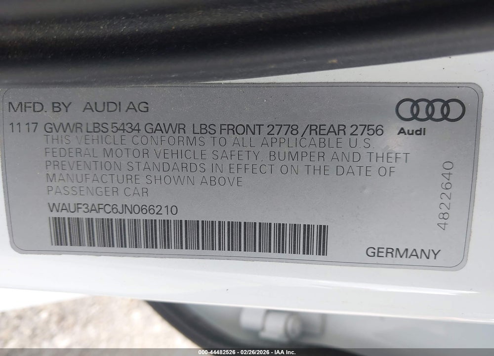 2018 AUDI A6 3.0T PREMIUM/3.0T SPORT VIN: WAUF3AFC6JN066210