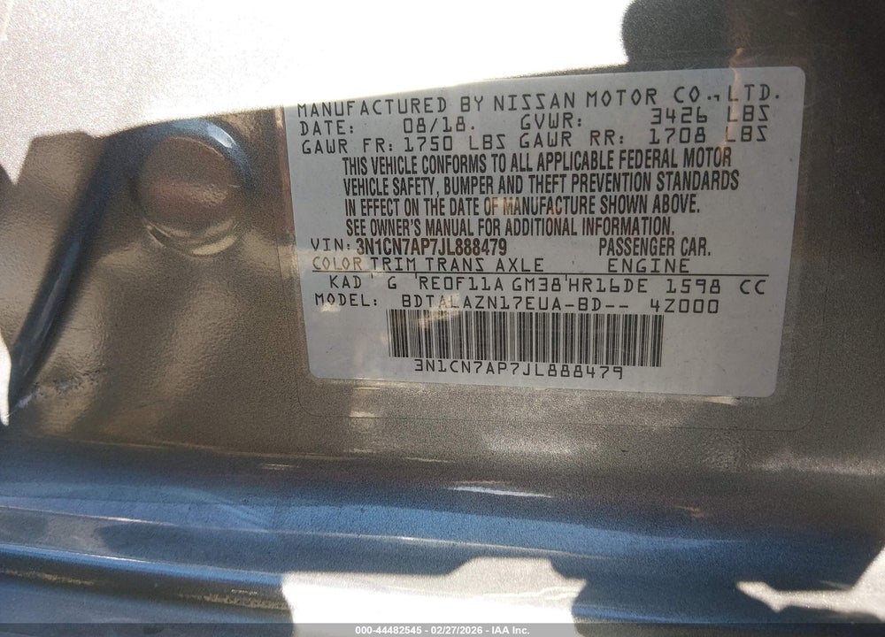 2018 NISSAN VERSA 1.6 S+ VIN: 3N1CN7AP7JL888479