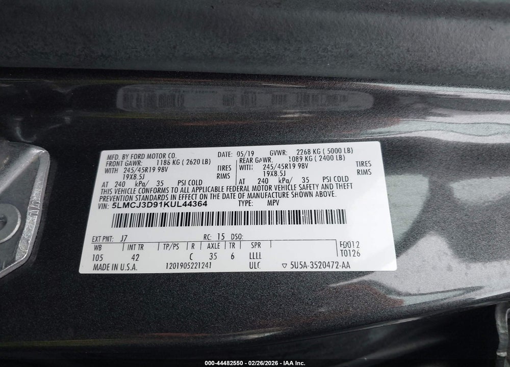 2019 LINCOLN MKC RESERVE VIN: 5LMCJ3D91KUL44364