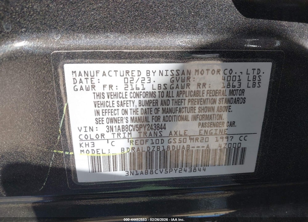 2023 NISSAN SENTRA SV XTRONIC CVT VIN: 3N1AB8CV5PY243844