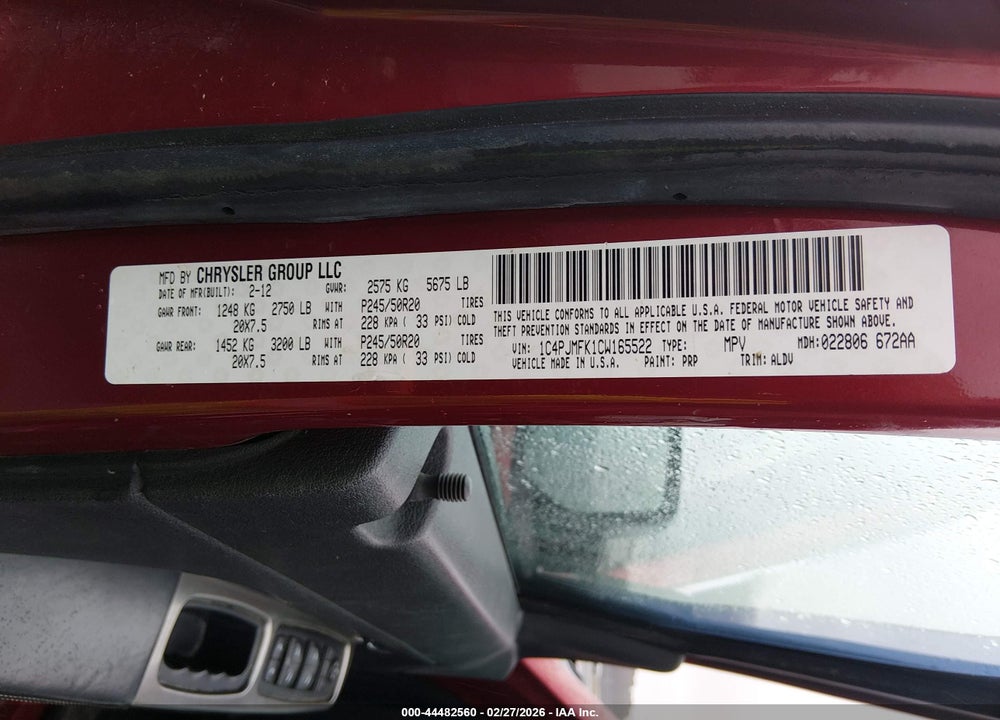 2012 JEEP LIBERTY LIMITED JET EDITION VIN: 1C4PJMFK1CW165522