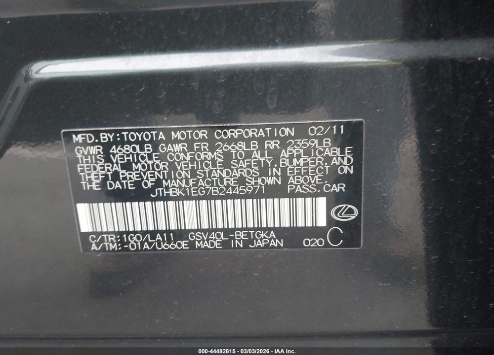 2011 LEXUS ES 350 VIN: JTHBK1EG7B2445971