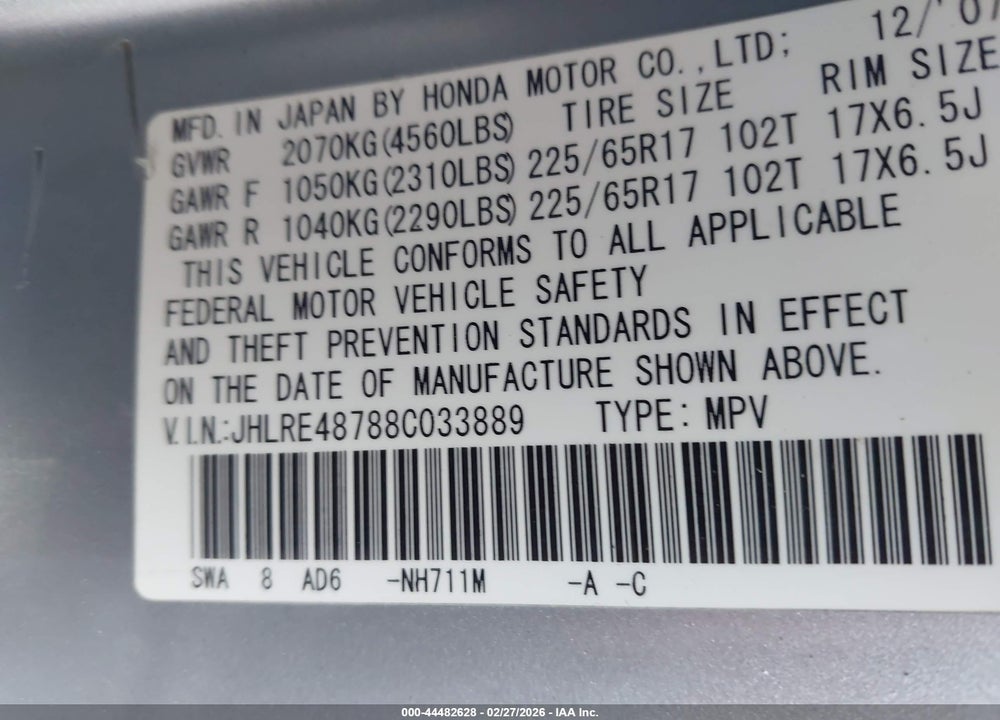 2008 HONDA CR-V EX-L VIN: JHLRE48788C033889